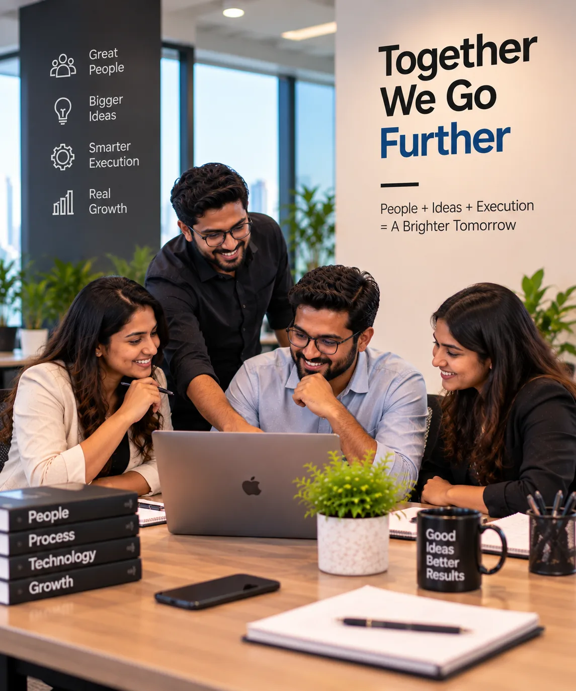 A cross-functional team reviewing a project roadmap together